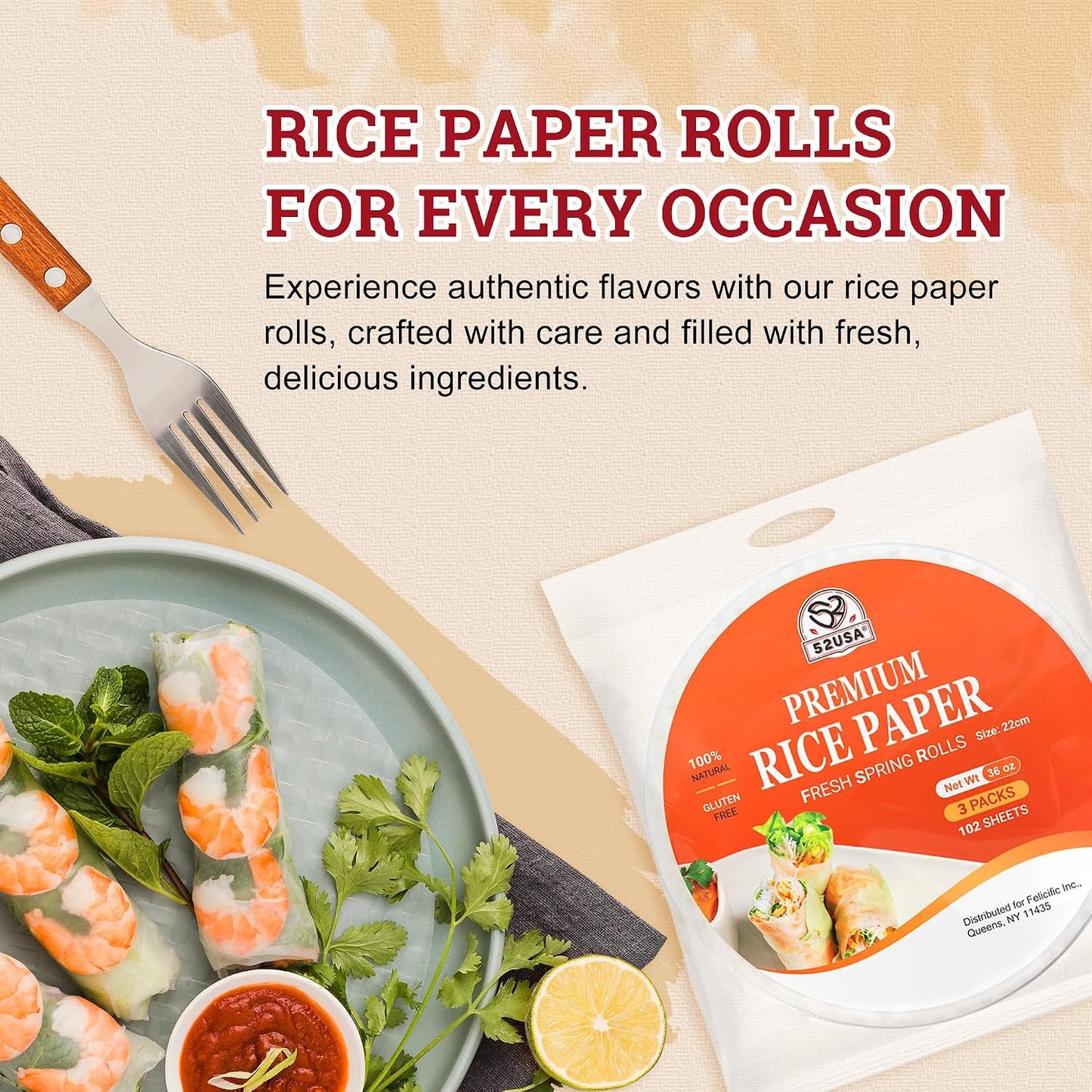 52USA Rice Paper, 3 Pack 102 Sheets, Spring Roll Wrappers & Dumpling Gluten Free, Wonton Wrappers, Vegan, Low Carb, Vietnamese Rice Wraps (Round, 22cm)