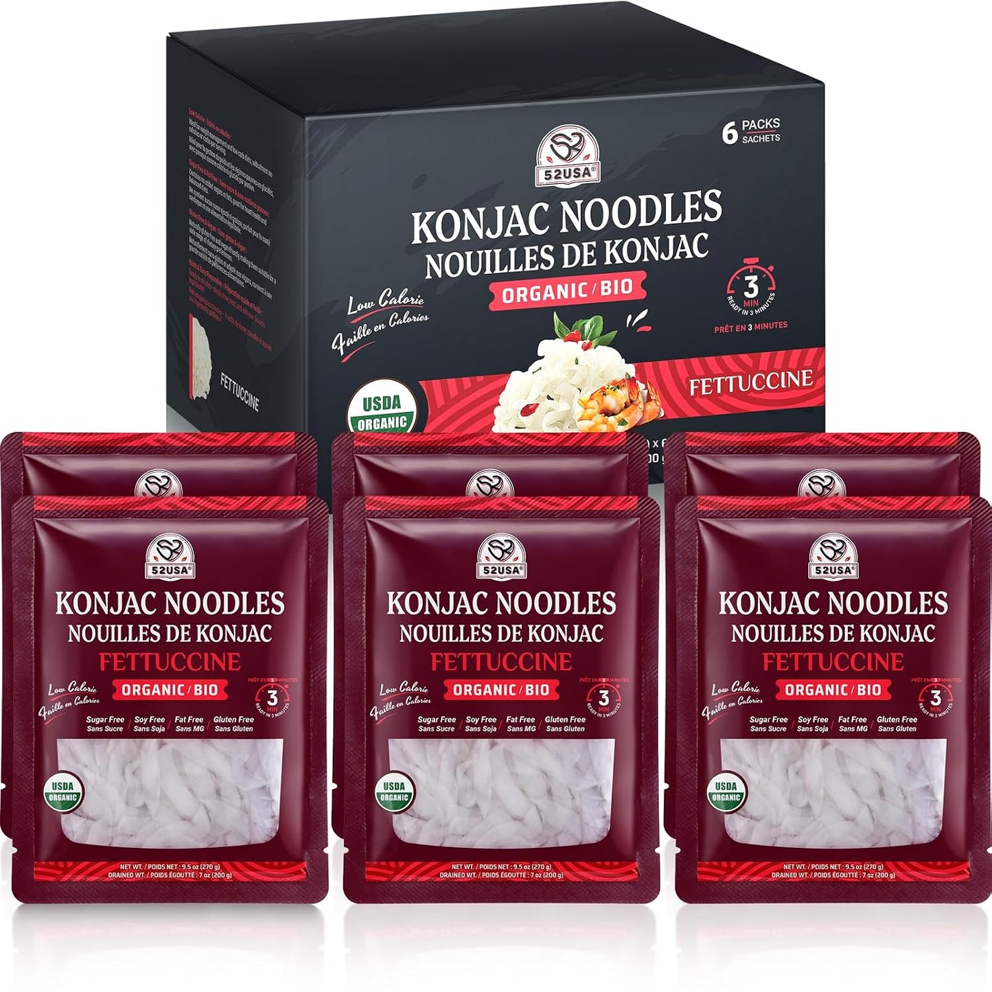 52USA USDA Organic Konjac Fettuccine Noodle, 6 Pack (52.8 oz Total) Low Carb Pasta Konjac Noodles, Keto and Paleo Friendly, Vegan, Gluten-Free, Sugar-Free Shirataki Noodles, Ready to Eat