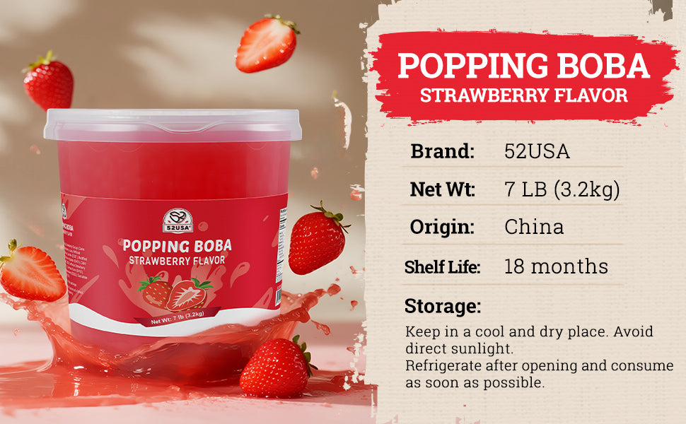 52USA Strawberry Popping Boba Peals 7.05 Pounds, Bursting Boba Pearls for Bubble Tea, Beverages, Ice Cream, Shakes, Yogurt, Desserts, Smoothies & Drinks Toppings