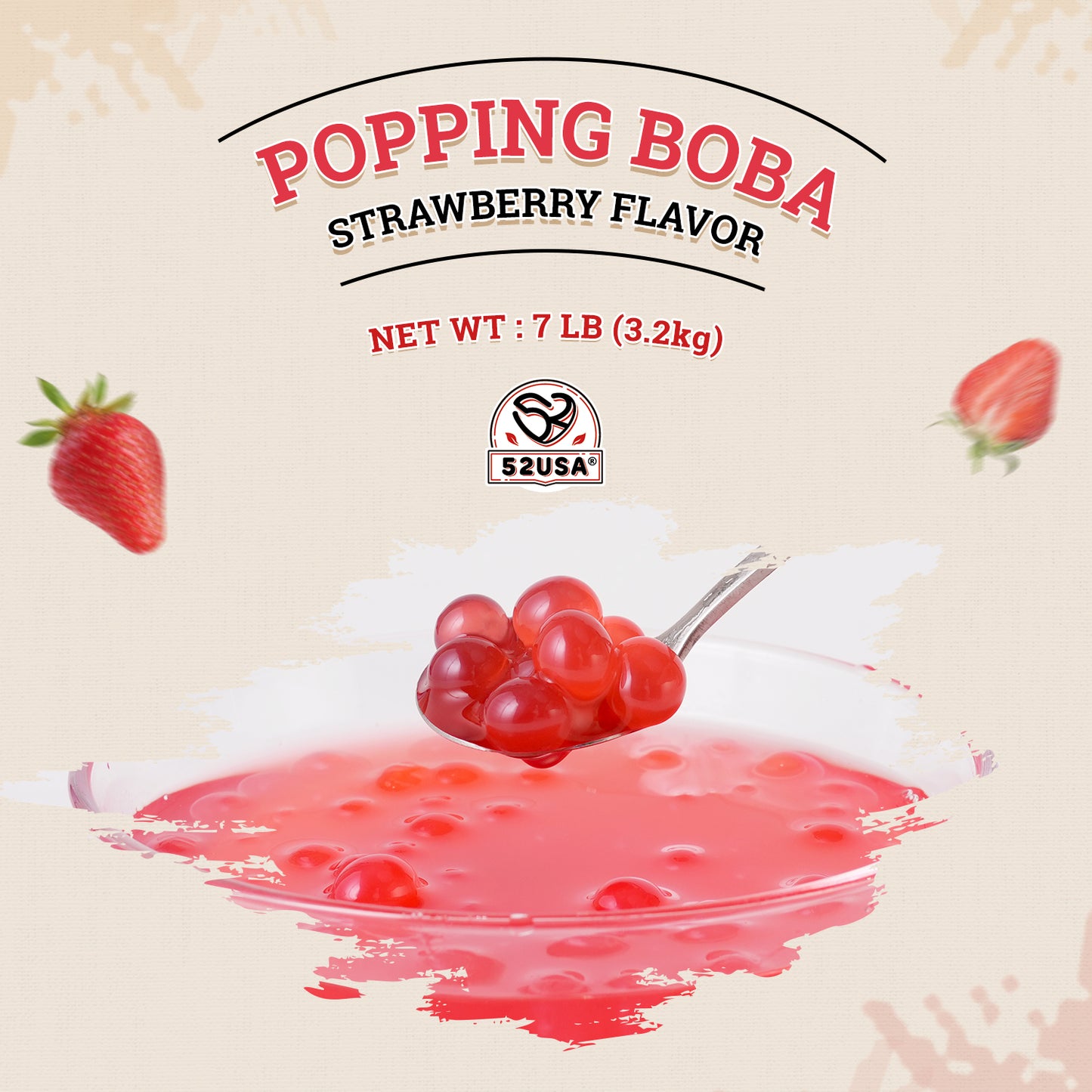 52USA Strawberry Popping Boba Peals 7.05 Pounds, Bursting Boba Pearls for Bubble Tea, Beverages, Ice Cream, Shakes, Yogurt, Desserts, Smoothies & Drinks Toppings