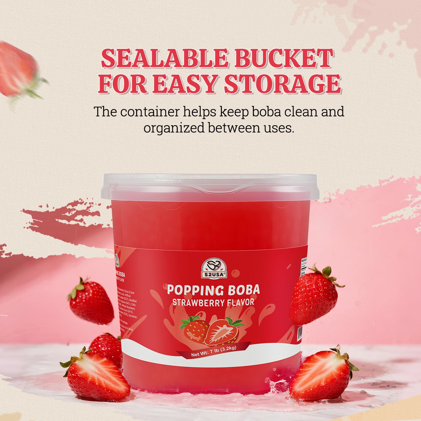 52USA Strawberry Popping Boba Peals 7.05 Pounds, Bursting Boba Pearls for Bubble Tea, Beverages, Ice Cream, Shakes, Yogurt, Desserts, Smoothies & Drinks Toppings