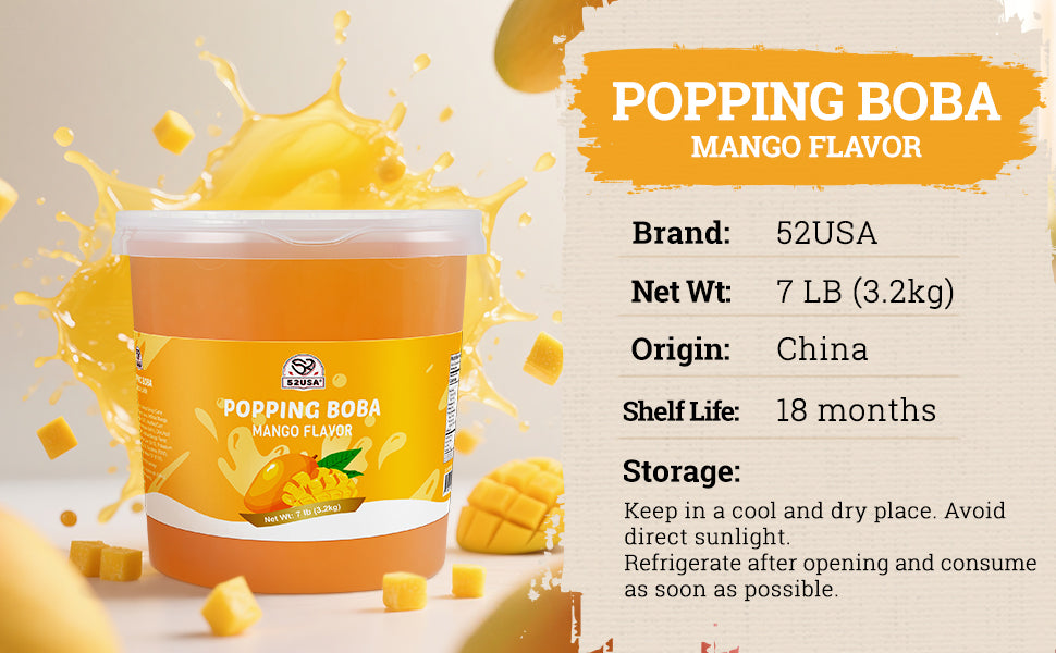 52USA Mango Popping Boba Peals 7.05 Pound, Bursting Boba Pearls for Bubble Tea, Beverages, Ice Cream, Shakes, Yogurt, Desserts, Smoothies & Drinks Toppings