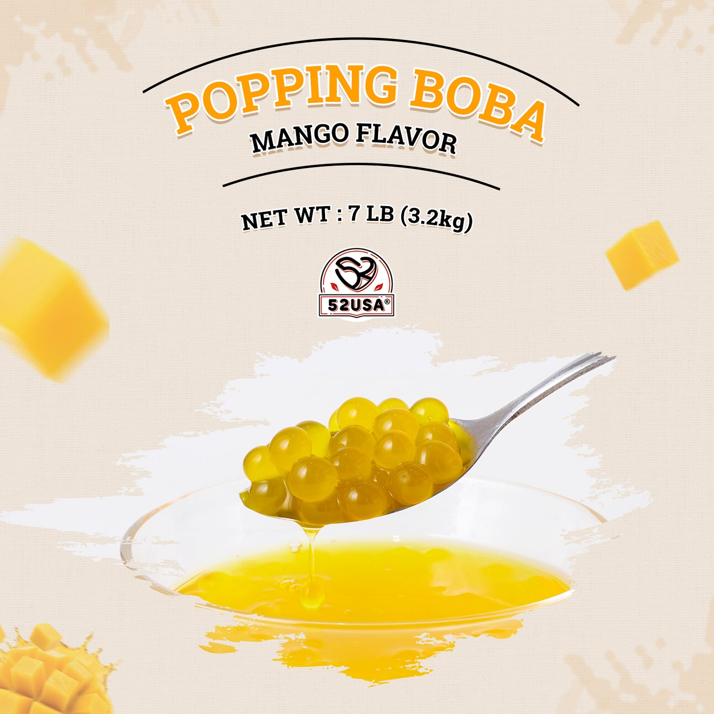 52USA Mango Popping Boba Peals 7.05 Pound, Bursting Boba Pearls for Bubble Tea, Beverages, Ice Cream, Shakes, Yogurt, Desserts, Smoothies & Drinks Toppings