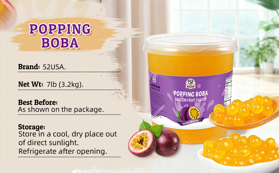 52USA Passion Fruit Popping Boba Peals 7.05 Pound (3.2kg), Bursting Boba Pearls for Bubble Tea, Beverages, Ice Cream, Shakes, Yogurt, Desserts, Smoothies & Drinks Toppings