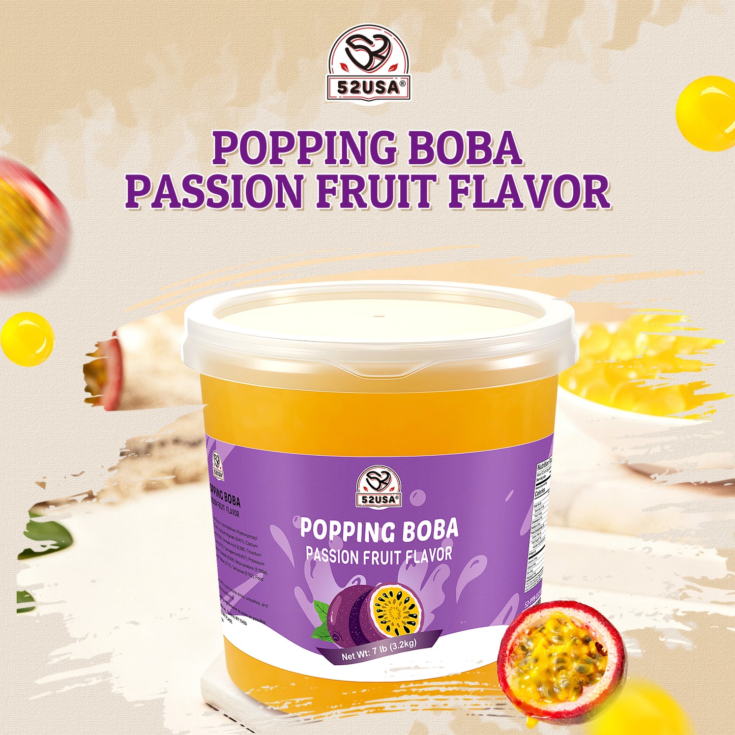 52USA Passion Fruit Popping Boba Peals 7.05 Pound (3.2kg), Bursting Boba Pearls for Bubble Tea, Beverages, Ice Cream, Shakes, Yogurt, Desserts, Smoothies & Drinks Toppings