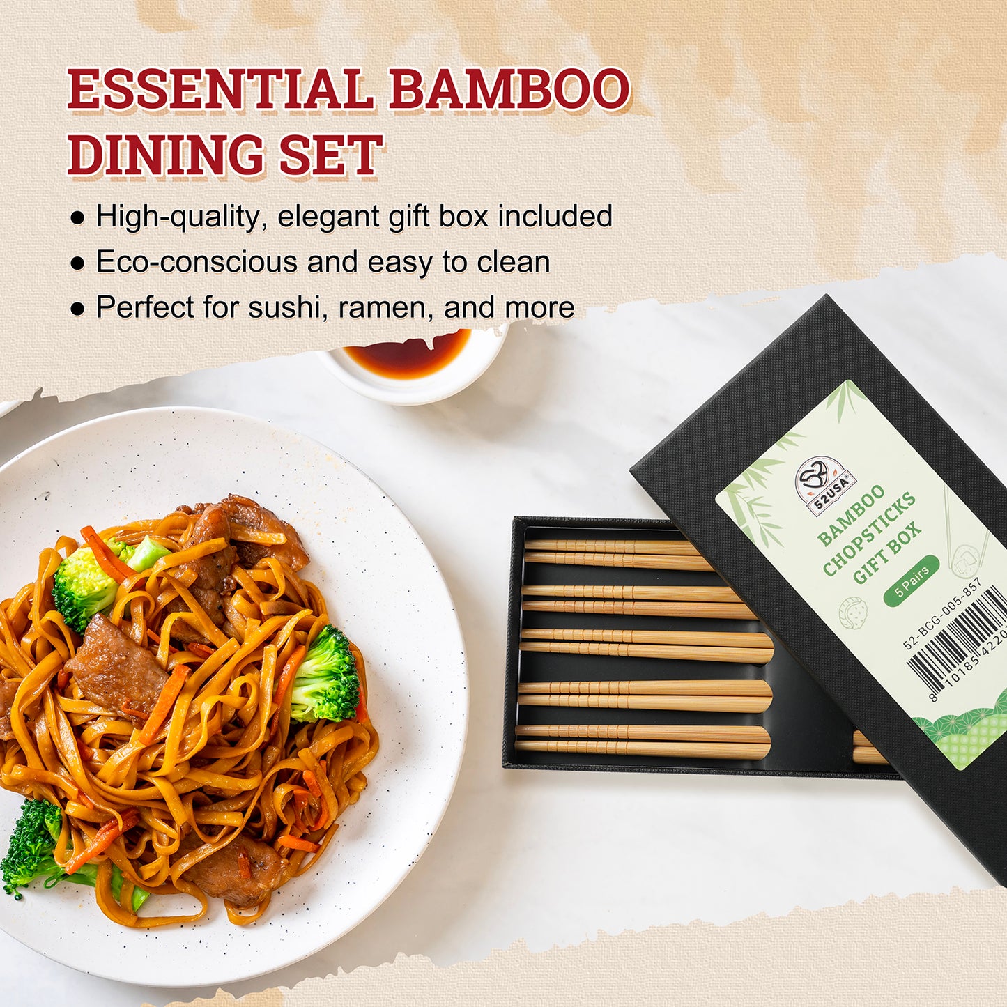 52USA Complete Asian Noodle Kit: Shirataki Noodles 12-Pack, Low Sodium Soy Sauce 16.2oz & Bamboo Chopsticks 5-Pair Set – Low Fat, Ready-to-Eat Meal Bundle