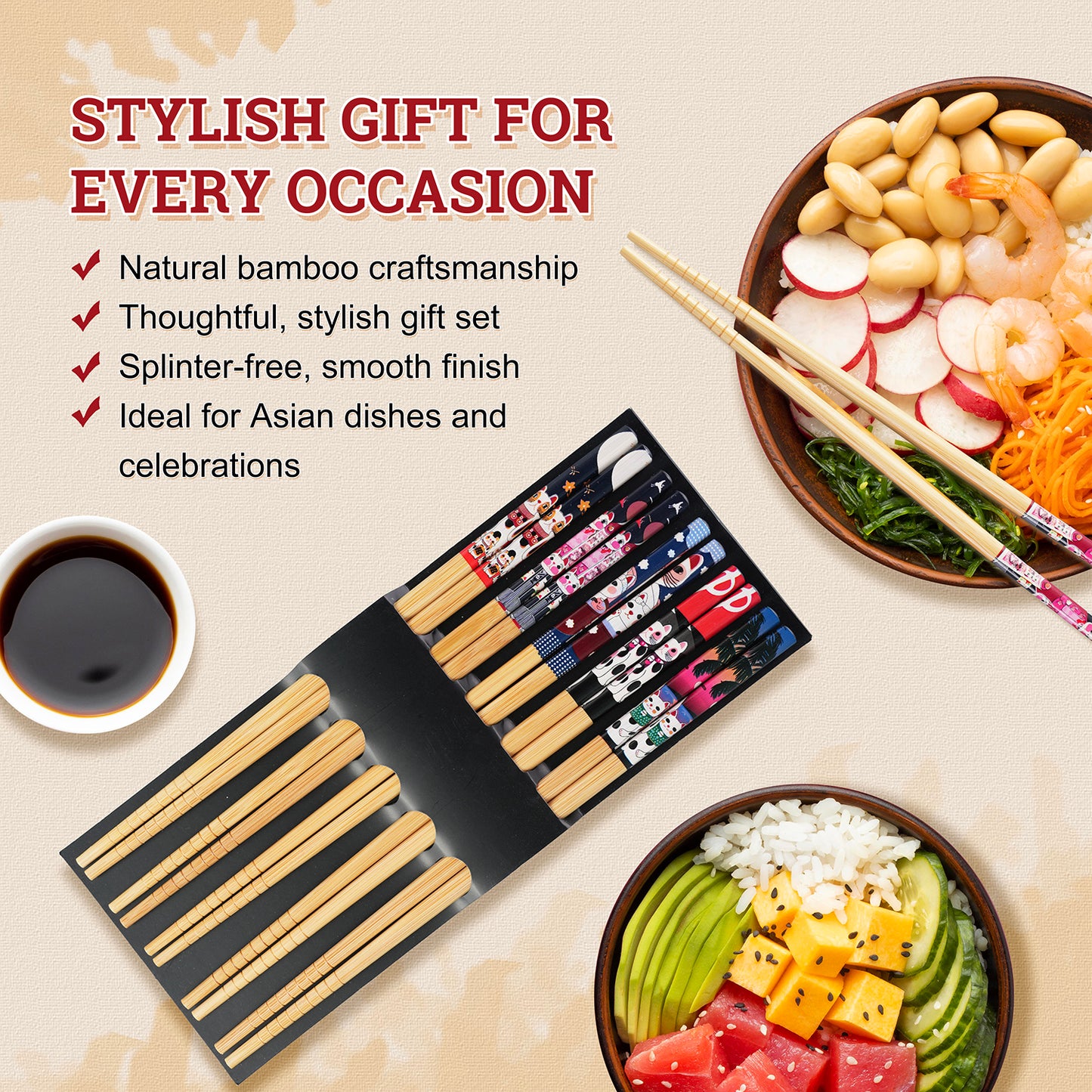 52USA Complete Asian Noodle Kit: Shirataki Noodles 12-Pack, Low Sodium Soy Sauce 16.2oz & Bamboo Chopsticks 5-Pair Set – Low Fat, Ready-to-Eat Meal Bundle