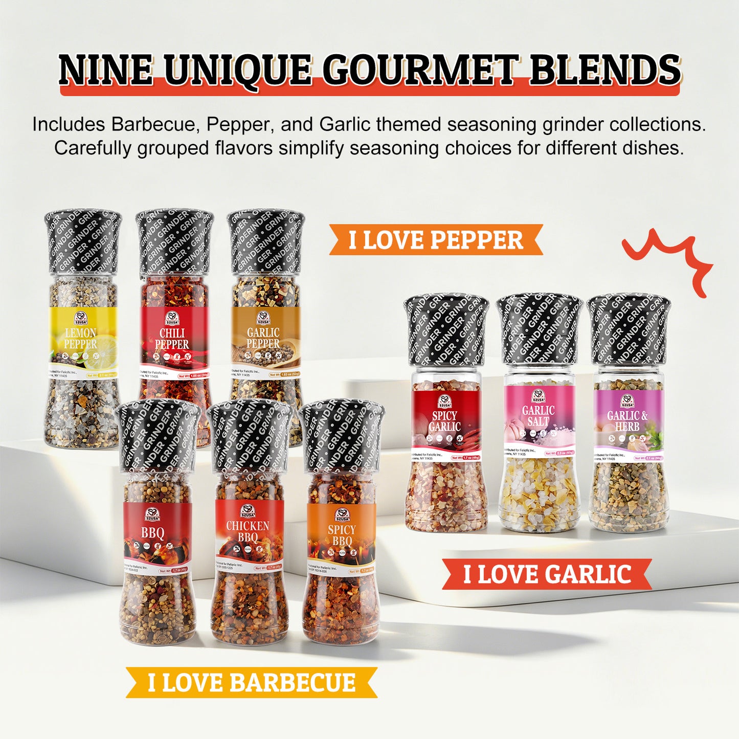 52usa Spice Seasoning Set of 9 with Integrated Grinders, Individual Spice Grinder, Pure and Fresh Perfect for BBQ Seasoning Gift Set, Grilling Spice, Pepper Grinder