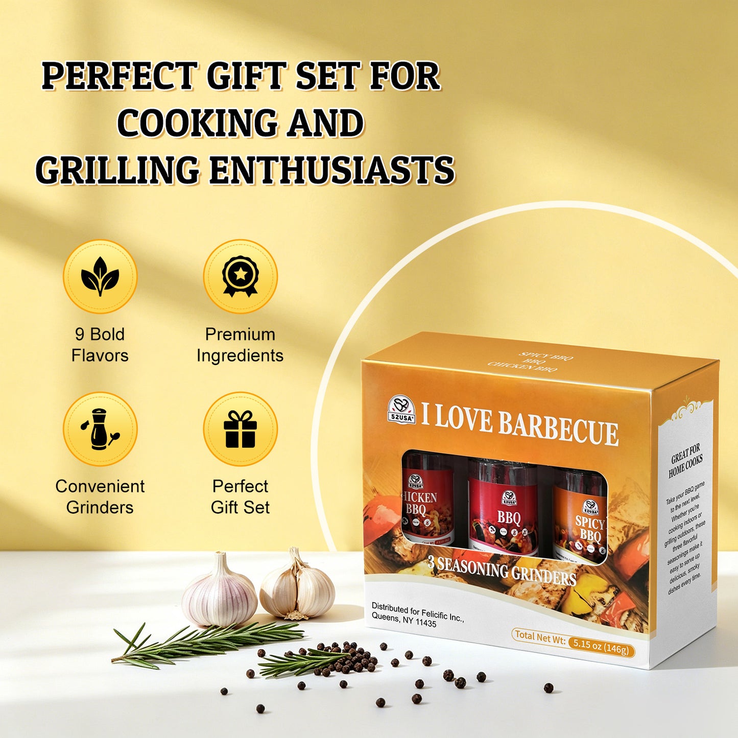52usa Spice Seasoning Set of 9 with Integrated Grinders, Individual Spice Grinder, Pure and Fresh Perfect for BBQ Seasoning Gift Set, Grilling Spice, Pepper Grinder