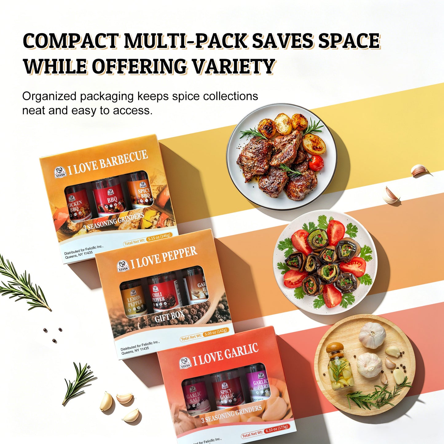 52usa Spice Seasoning Set of 9 with Integrated Grinders, Individual Spice Grinder, Pure and Fresh Perfect for BBQ Seasoning Gift Set, Grilling Spice, Pepper Grinder