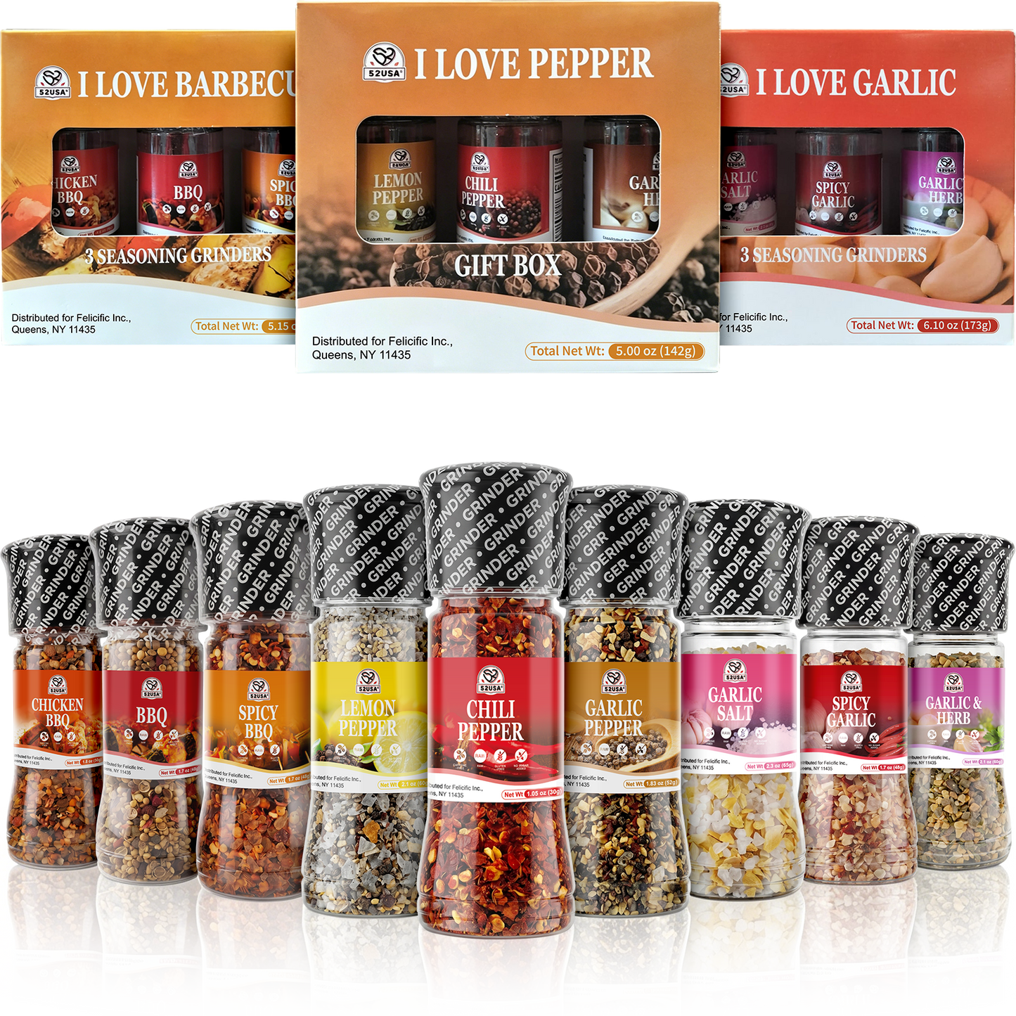 52usa Spice Seasoning Set of 9 with Integrated Grinders, Individual Spice Grinder, Pure and Fresh Perfect for BBQ Seasoning Gift Set, Grilling Spice, Pepper Grinder