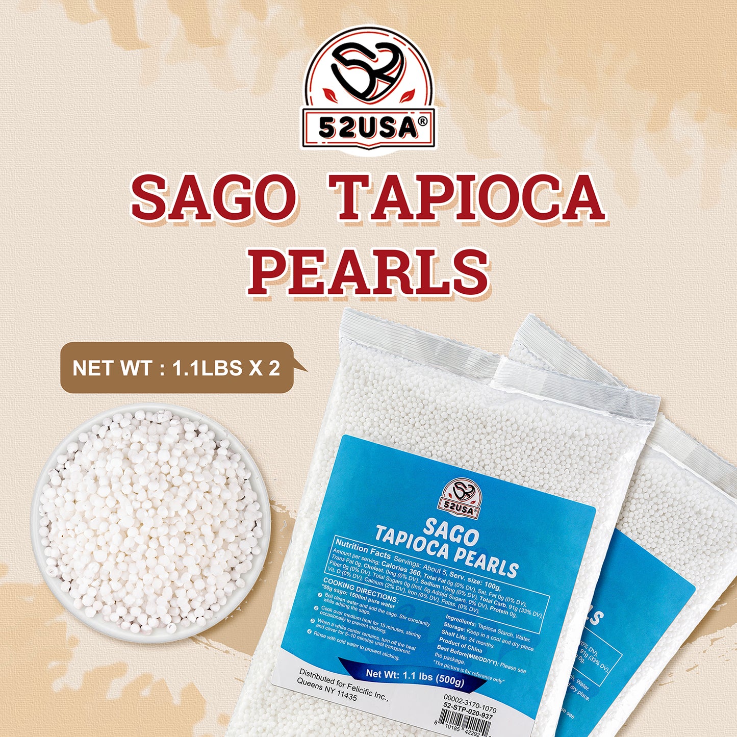 52USA Sago Pearls (Small Tapioca Pearls) 1.1 lb (500 g) - 2pack