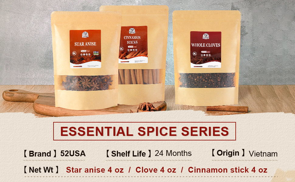 52USA Cinnamon Sticks, Star Anise, Whole Cloves - 4oz Each, All Natural Spice Set, No Preservatives, Perfect Kitchen Refill, Spice Gift Set