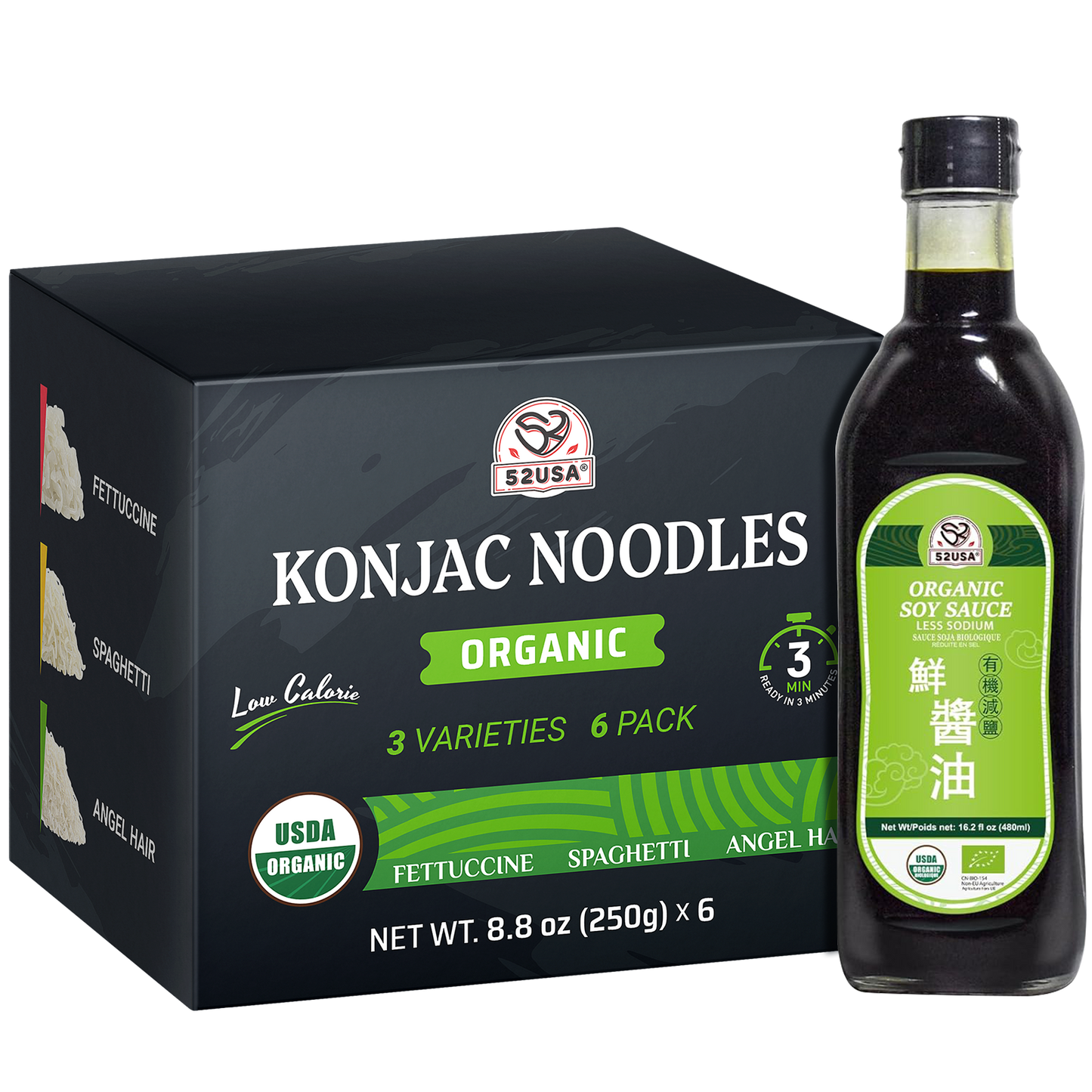 52USA USDA Organic Konjac Shirataki Noodle, Low Carb Pasta 52.8 Oz, 6 Pack 3 Variety-Angel Hair, Fettuccine, Spaghetti Noodles, Keto and Paleo Friendly, Low Calorie, Sugar Free, Vegan, Ready to Eat