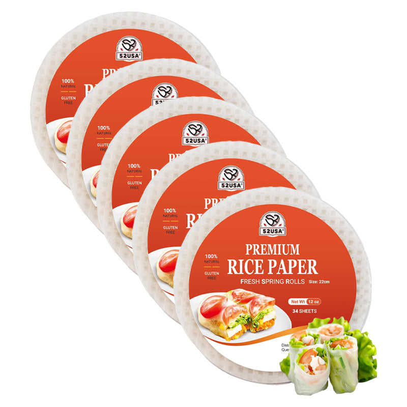 52USA Rice Paper, 1 Pack, Rice Paper Wrappers, Fresh Spring Roll & Dumplings-34 Sheets, Gluten-Free Wonton Wrapper, Vegan, Low Carb, Vietnamese Rices Wraps (Round, 22cm)