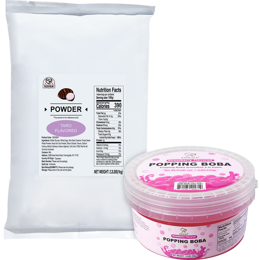 52USA Taro Strawberry Bubble Tea Kit: Taro Powder 1kg + Strawberry Popping Boba 550g – DIY Summer Drink Duo